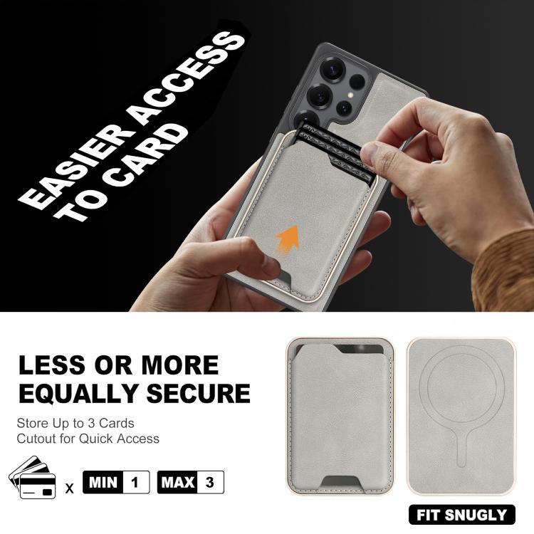 Funda de cuero con etiqueta lateral para Samsung Galaxy S25 Ultra 5G, con anillo magnético Kalebol Slim MagSafe y tarjetero (gris)