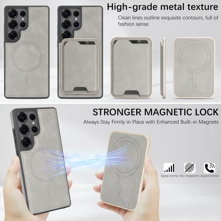 Funda de cuero con etiqueta lateral para Samsung Galaxy S25 Ultra 5G, con anillo magnético Kalebol Slim MagSafe y tarjetero (gris)