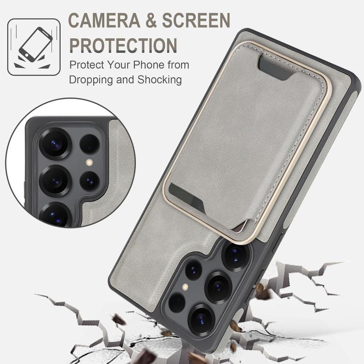 Funda de cuero con etiqueta lateral para Samsung Galaxy S25 Ultra 5G, con anillo magnético Kalebol Slim MagSafe y tarjetero (gris)