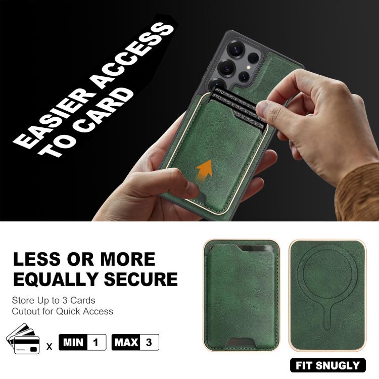 Funda de cuero con etiqueta lateral para Samsung Galaxy S25 Ultra 5G, Kalebol Slim MagSafe Ring, con tarjeta magnética y anillo (verde)