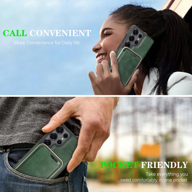 Funda de cuero con etiqueta lateral para Samsung Galaxy S25 Ultra 5G, Kalebol Slim MagSafe Ring, con tarjeta magnética y anillo (verde)