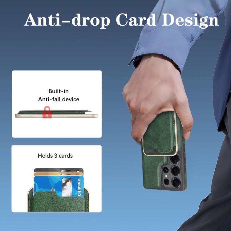 Funda de cuero con etiqueta lateral para Samsung Galaxy S25 Ultra 5G, Kalebol Slim MagSafe Ring, con tarjeta magnética y anillo (verde)