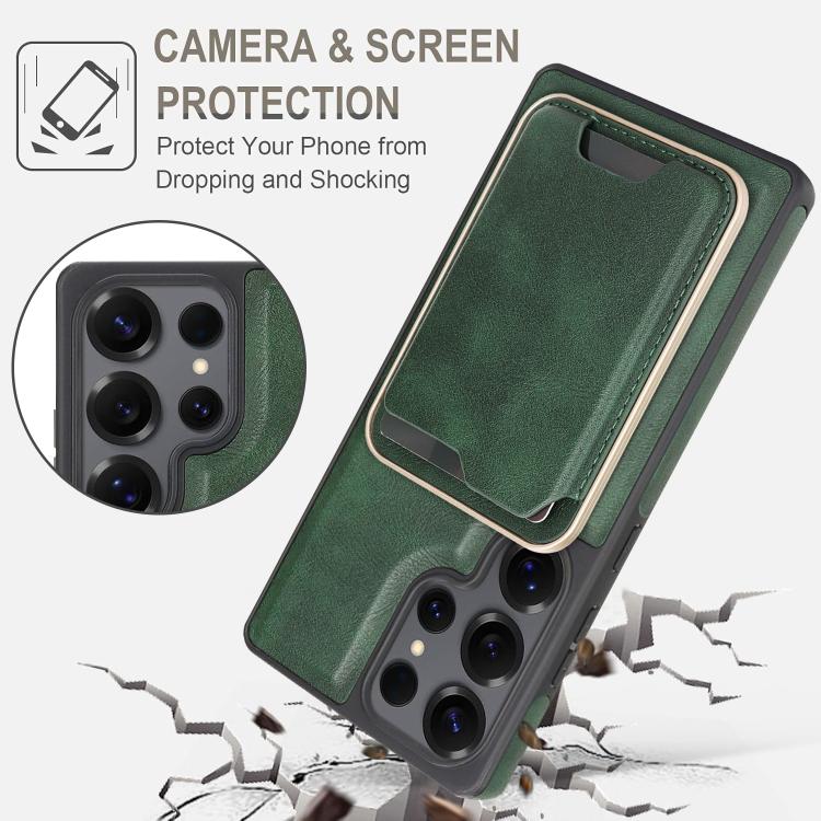 Funda de cuero con etiqueta lateral para Samsung Galaxy S25 Ultra 5G, Kalebol Slim MagSafe Ring, con tarjeta magnética y anillo (verde)