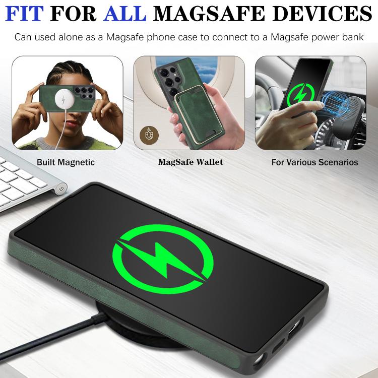 Funda de cuero con etiqueta lateral para Samsung Galaxy S25 Ultra 5G, Kalebol Slim MagSafe Ring, con tarjeta magnética y anillo (verde)