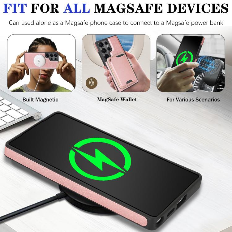 Funda de cuero con anillo magnético Kalebol Slim MagSafe para Samsung Galaxy S25 Ultra 5G, con adhesivo lateral y ranuras para tarjetas (oro rosa)