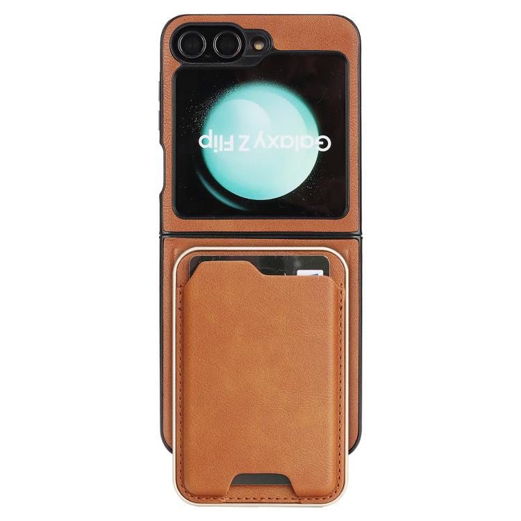 Funda de cuero Kalebol Slim MagSafe para Samsung Galaxy Z Flip6, con anillo magnético, etiqueta lateral y tarjetero (marrón)