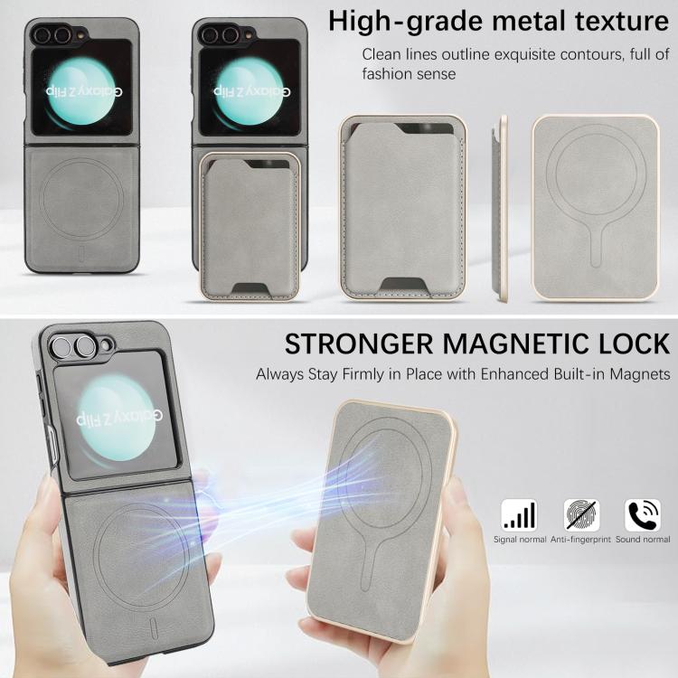 Funda de cuero con adhesivo lateral para Samsung Galaxy Z Flip6, con anillo magnético Kalebol Slim MagSafe y tarjetero (gris)