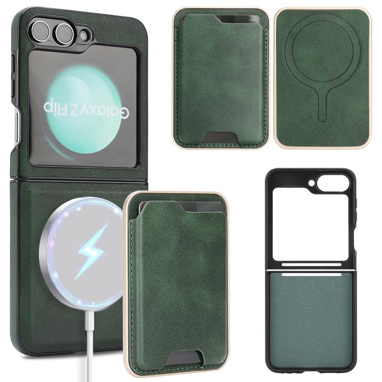 Funda de cuero Kalebol Slim MagSafe para Samsung Galaxy Z Flip6, con anillo magnético, etiqueta lateral y tarjetero (verde)