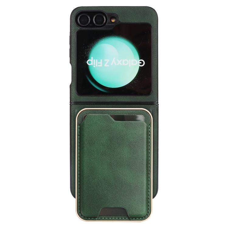 Funda de cuero Kalebol Slim MagSafe para Samsung Galaxy Z Flip6, con anillo magnético, etiqueta lateral y tarjetero (verde)