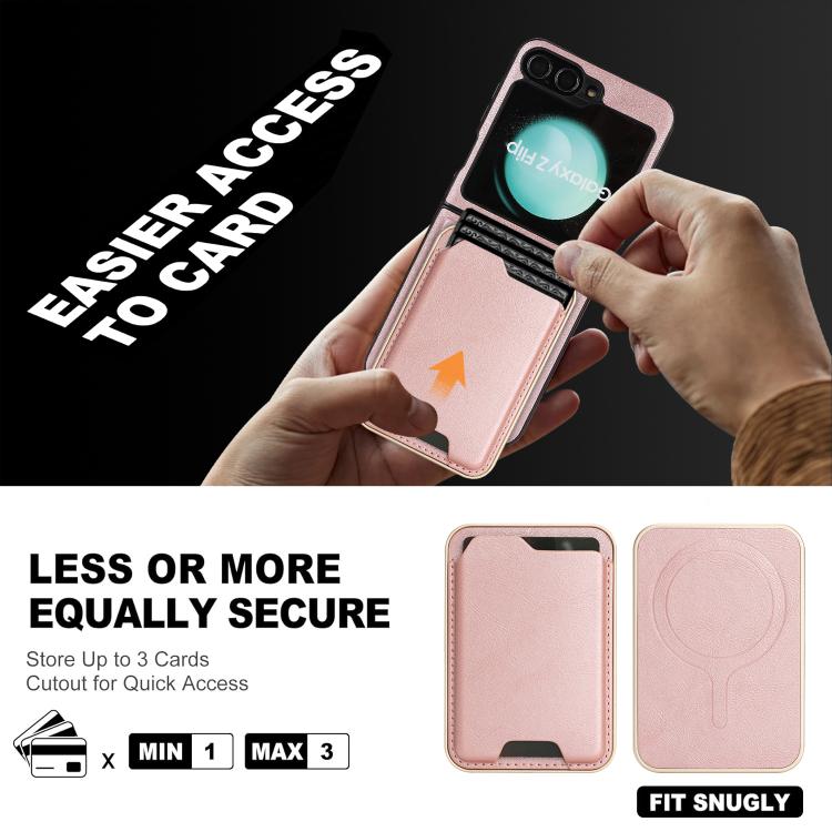 Funda de cuero Kalebol Slim MagSafe para Samsung Galaxy Z Flip6, con anillo magnético, etiqueta lateral y tarjetero (oro rosa)