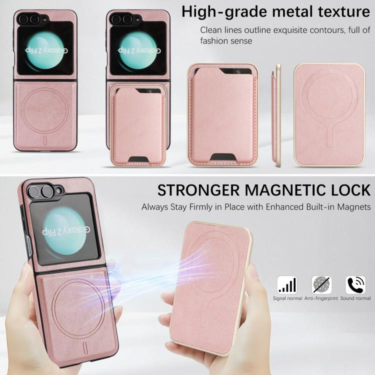 Funda de cuero Kalebol Slim MagSafe para Samsung Galaxy Z Flip6, con anillo magnético, etiqueta lateral y tarjetero (oro rosa)