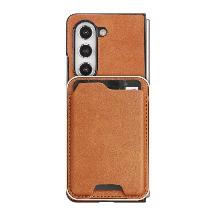 Funda de cuero con etiqueta lateral para Samsung Galaxy Z Fold6, Kalebol Slim MagSafe Ring, con tarjeta magnética y anillo (marrón)