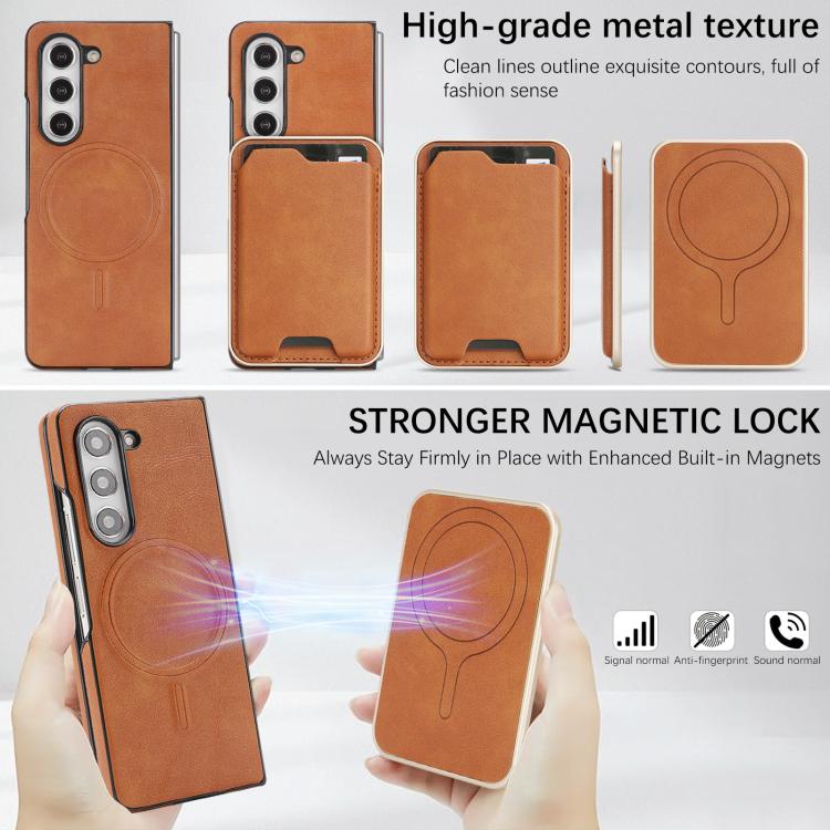 Funda de cuero con etiqueta lateral para Samsung Galaxy Z Fold6, Kalebol Slim MagSafe Ring, con tarjeta magnética y anillo (marrón)