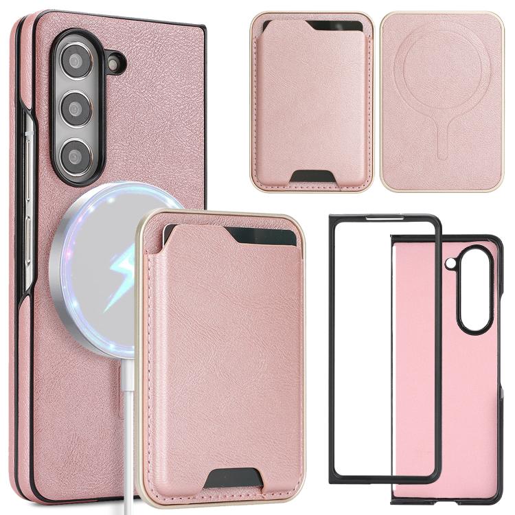 Funda de cuero con etiqueta lateral para Samsung Galaxy Z Fold6, con anillo magnético Kalebol Slim MagSafe y tarjetero (oro rosa)
