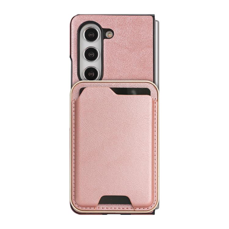 Funda de cuero con etiqueta lateral para Samsung Galaxy Z Fold6, con anillo magnético Kalebol Slim MagSafe y tarjetero (oro rosa)