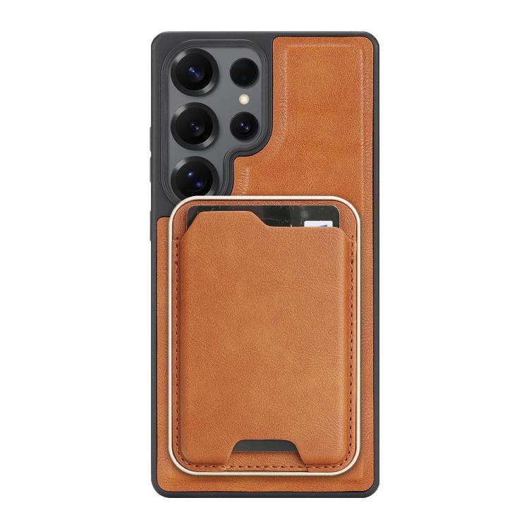 Funda de cuero con etiqueta lateral para Samsung Galaxy S24 Ultra 5G, Kalebol Slim MagSafe Ring, con tarjeta magnética y anillo (marrón)