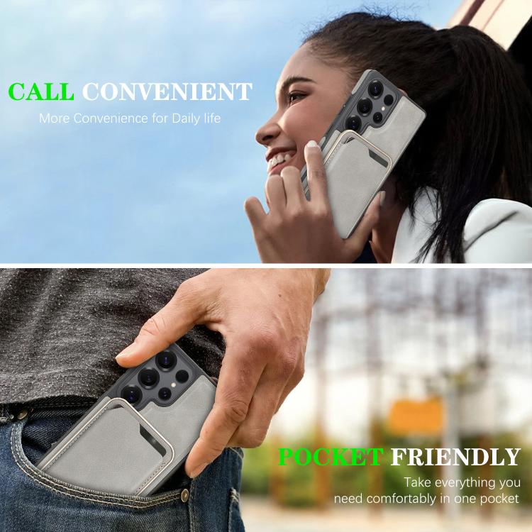 Funda de cuero con etiqueta lateral para Samsung Galaxy S24 Ultra 5G, con anillo magnético Kalebol Slim MagSafe y ranuras para tarjetas (gris)