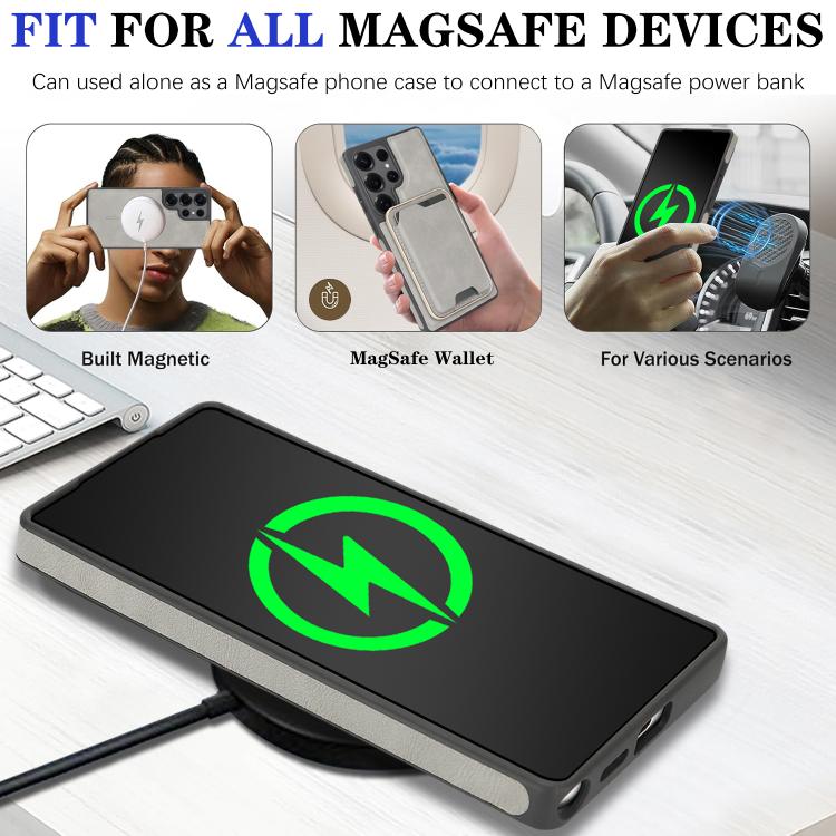 Funda de cuero con etiqueta lateral para Samsung Galaxy S24 Ultra 5G, con anillo magnético Kalebol Slim MagSafe y ranuras para tarjetas (gris)