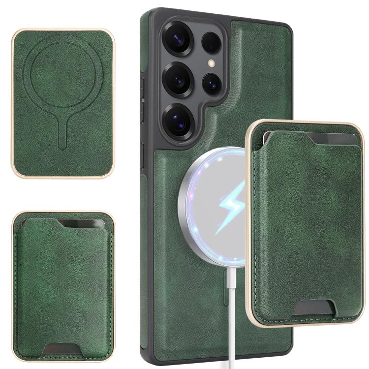 Funda de cuero con etiqueta lateral para Samsung Galaxy S24 Ultra 5G, Kalebol Slim MagSafe Ring, con tarjeta magnética y anillo (verde)