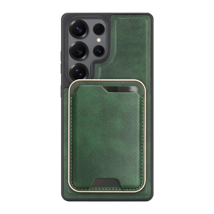 Funda de cuero con etiqueta lateral para Samsung Galaxy S24 Ultra 5G, Kalebol Slim MagSafe Ring, con tarjeta magnética y anillo (verde)