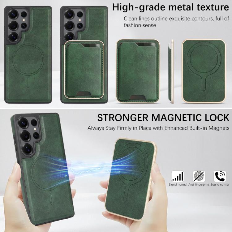 Funda de cuero con etiqueta lateral para Samsung Galaxy S24 Ultra 5G, Kalebol Slim MagSafe Ring, con tarjeta magnética y anillo (verde)