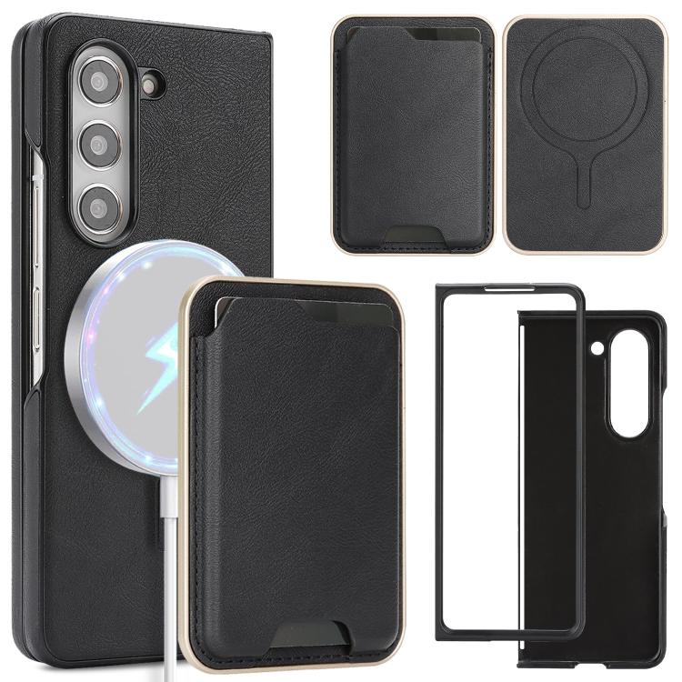 Funda de cuero con adhesivo lateral para Samsung Galaxy Z Fold5, con anillo magnético Kalebol Slim MagSafe y tarjeta, color negro