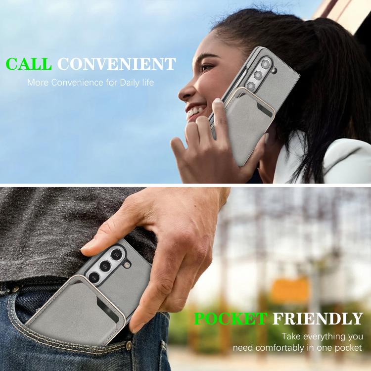 Funda de cuero con etiqueta lateral para Samsung Galaxy Z Fold5, Kalebol Slim MagSafe Ring, con tarjeta magnética y anillo (gris)