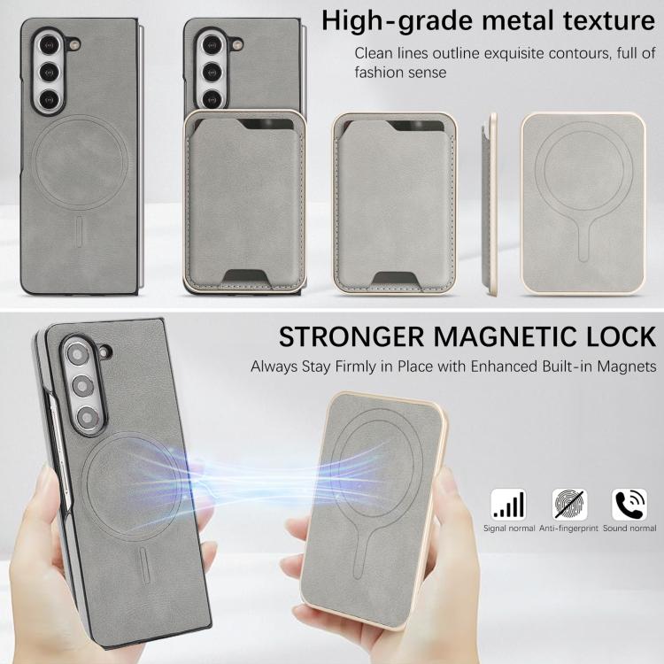 Funda de cuero con etiqueta lateral para Samsung Galaxy Z Fold5, Kalebol Slim MagSafe Ring, con tarjeta magnética y anillo (gris)