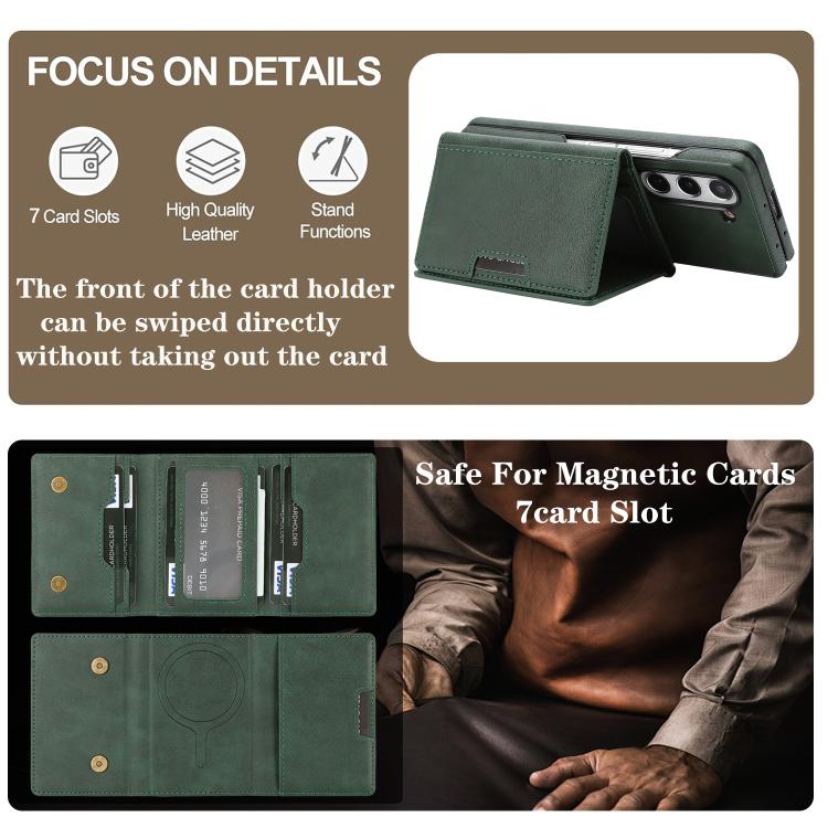 Funda de cuero con adhesivo lateral para Samsung Galaxy Z Fold7 5G, con cierre magnético MagSafe, triple pliegue, color verde