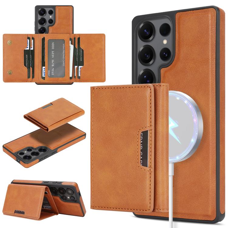Funda de cuero con tres pliegues y adhesivo lateral para Samsung Galaxy S25 Ultra 5G (marrón)