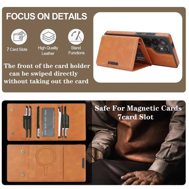 Funda de cuero con tres pliegues y adhesivo lateral para Samsung Galaxy S25 Ultra 5G (marrón)