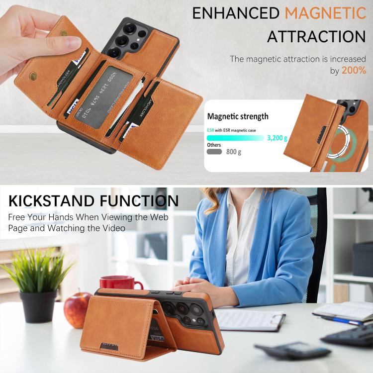 Funda de cuero con tres pliegues y adhesivo lateral para Samsung Galaxy S25 Ultra 5G (marrón)
