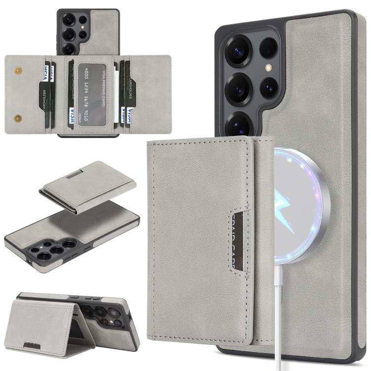 Funda de cuero con tres pliegues y adhesivo lateral para Samsung Galaxy S25 Ultra 5G (gris)