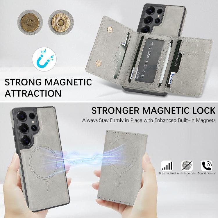 Funda de cuero con tres pliegues y adhesivo lateral para Samsung Galaxy S25 Ultra 5G (gris)