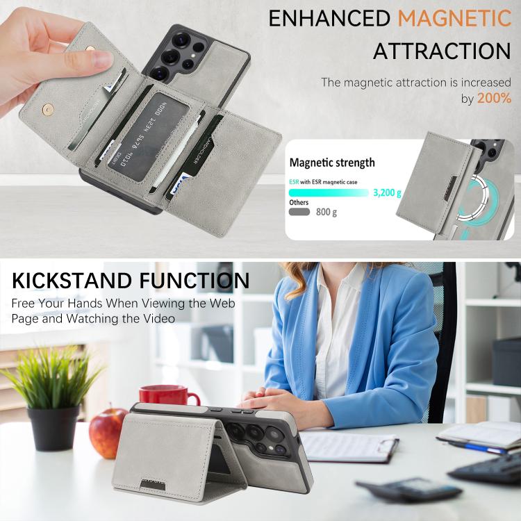 Funda de cuero con tres pliegues y adhesivo lateral para Samsung Galaxy S25 Ultra 5G (gris)