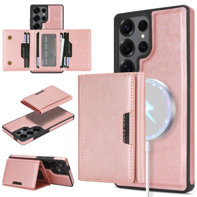 Funda de cuero con tres pliegues y adhesivo lateral para Samsung Galaxy S25 Ultra 5G (rosa y dorado)