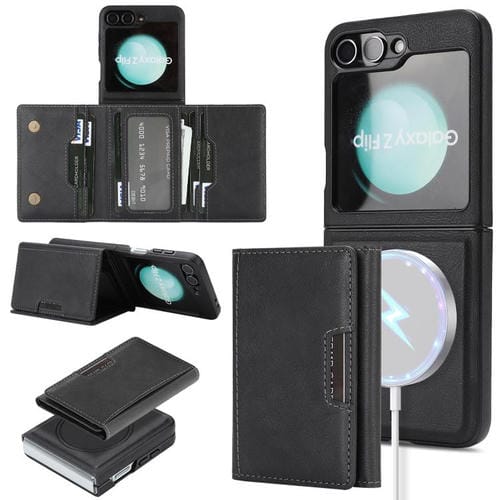 Funda de cuero con cierre magnético MagSafe para Samsung Galaxy Z Flip6, con tres pliegues, con adhesivo lateral (negro)