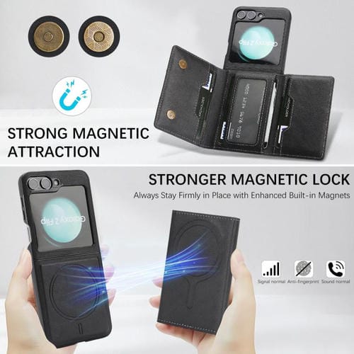 Funda de cuero con cierre magnético MagSafe para Samsung Galaxy Z Flip6, con tres pliegues, con adhesivo lateral (negro)
