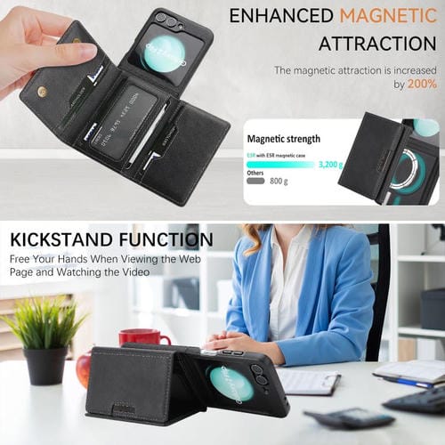 Funda de cuero con cierre magnético MagSafe para Samsung Galaxy Z Flip6, con tres pliegues, con adhesivo lateral (negro)