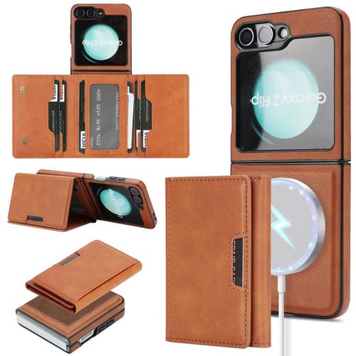 Funda de cuero con tres pliegues y adhesivo lateral para Samsung Galaxy Z Flip6 (marrón)