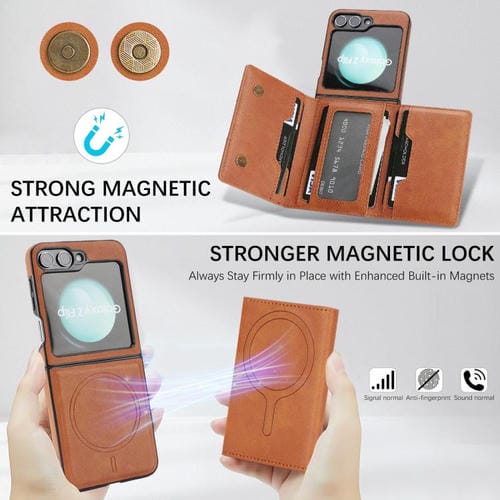 Funda de cuero con tres pliegues y adhesivo lateral para Samsung Galaxy Z Flip6 (marrón)