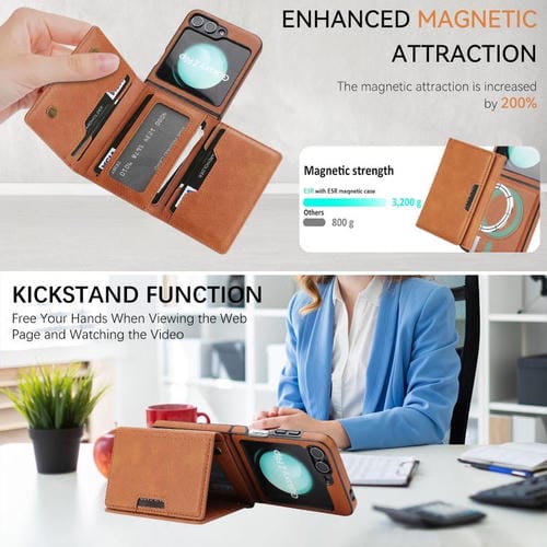 Funda de cuero con tres pliegues y adhesivo lateral para Samsung Galaxy Z Flip6 (marrón)