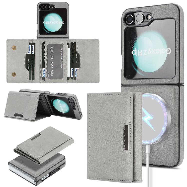 Funda de cuero con tres pliegues y adhesivo lateral para Samsung Galaxy Z Flip6 (gris)