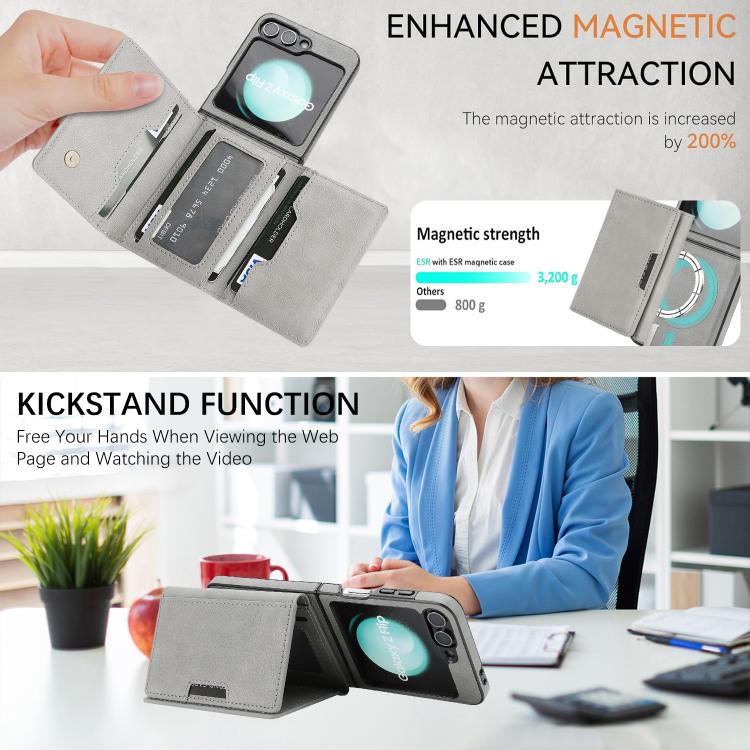 Funda de cuero con tres pliegues y adhesivo lateral para Samsung Galaxy Z Flip6 (gris)