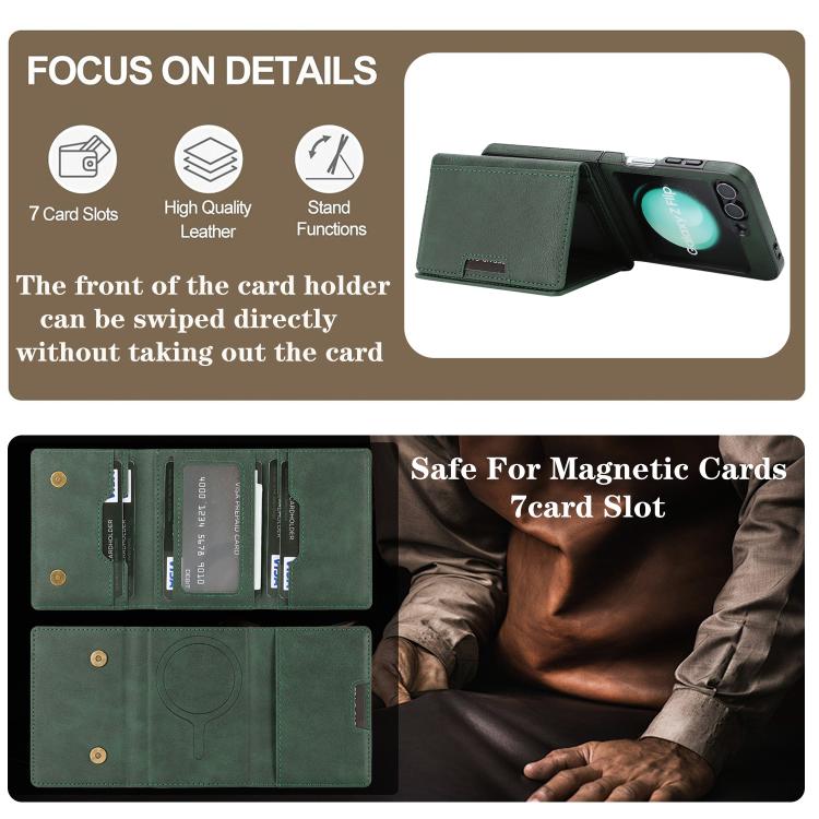 Funda de cuero con tres pliegues y adhesivo lateral para Samsung Galaxy Z Flip6 (verde)