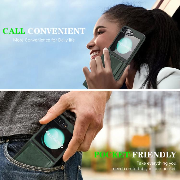 Funda de cuero con tres pliegues y adhesivo lateral para Samsung Galaxy Z Flip6 (verde)