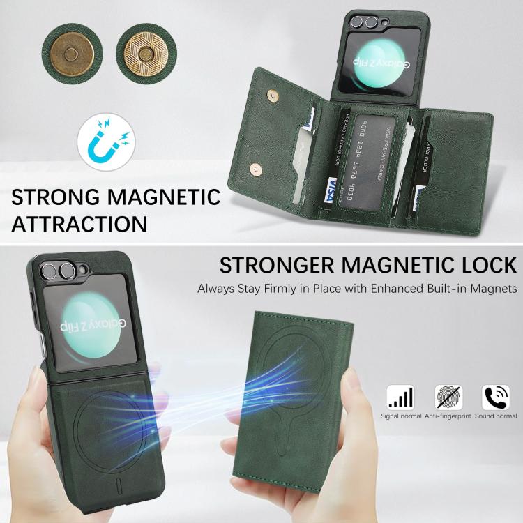 Funda de cuero con tres pliegues y adhesivo lateral para Samsung Galaxy Z Flip6 (verde)
