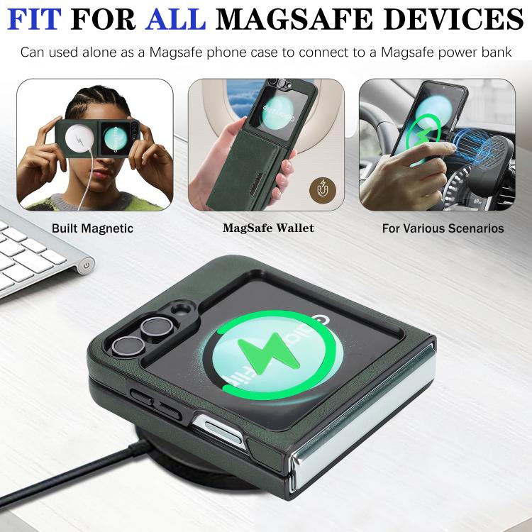 Funda de cuero con tres pliegues y adhesivo lateral para Samsung Galaxy Z Flip6 (verde)