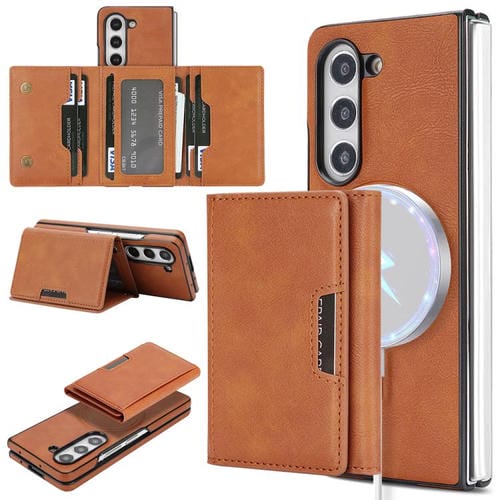 Funda de cuero con adhesivo lateral para Samsung Galaxy Z Fold6, con cierre magnético MagSafe, triple pliegue, Kalebol (marrón)