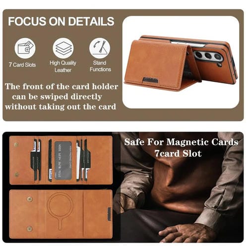 Funda de cuero con adhesivo lateral para Samsung Galaxy Z Fold6, con cierre magnético MagSafe, triple pliegue, Kalebol (marrón)